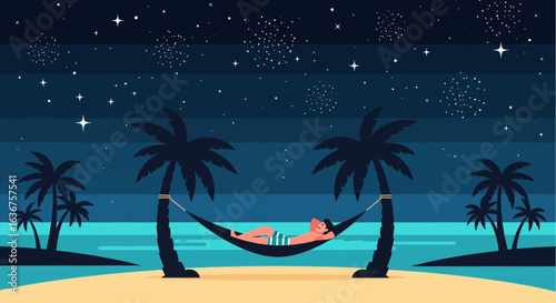 Tranquil Escape Underneath Stars Relaxing Man In Hammock On Tropical Beach