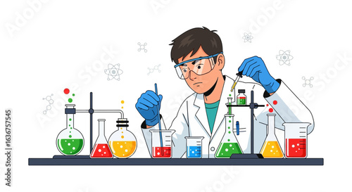 Scientist Conducting Experiment In Laboratory With Beakers And Flasks Illustration