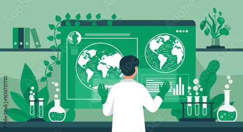 Scientist Exploring Global Data For Sustainable Research In An Environmentally Focused Laboratory