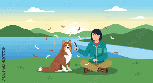 Young Woman Brushing Her Dog's Fur Outdoors Near Water At Sunset Beautiful Landscape
