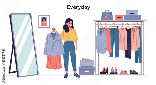 Young woman choosing outfit from wardrobe at home or clothing store concept
