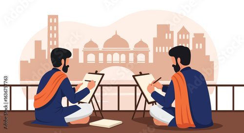 Two Artists Sketching Beautiful Cityscape With Traditional Indian Clothing