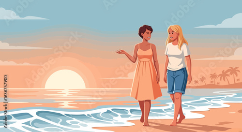 Two friends strolling along the beach at sunset enjoying their summer vacation