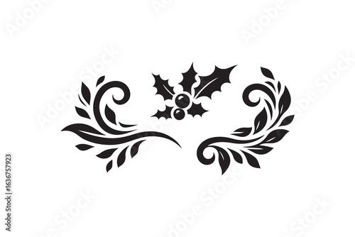 A set of christmas holly decorations with a green leaf silhouette