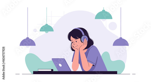 Young Woman Enjoying Music While Working On A Laptop In Minimalist Style