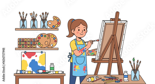Young Woman Enjoying Painting Creative Artwork In Her Studio With Easel