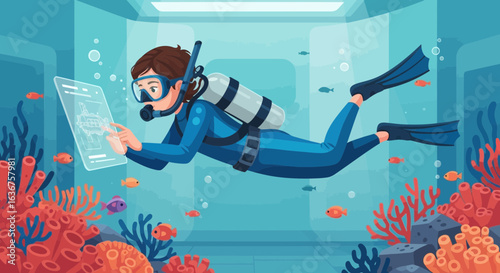 Scuba Diver Interacting With Virtual Interface Near Colorful Coral Reef