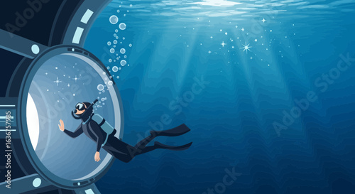Scuba Diver Waves From an Underwater Porthole Window In Deep Sea Exploration