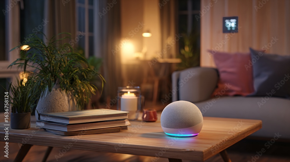 Fototapeta premium Cozy Living Room with Ambient Lighting and Smart Speaker on Wooden Table