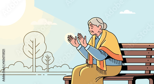 Senior Woman Enjoying Sunny Day And Relaxing In The Park Illustration
