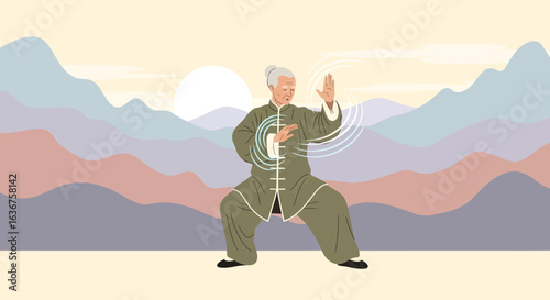 Senior Woman Practices Tai Chi Chuan Outdoors In Serene Mountain Landscape Scene
