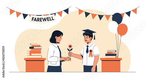 Sentimental Farewell Ceremony With Flower Exchange And Festive Decorations