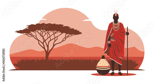 Serene African Landscape With Maasai Warrior And Traditional Artifacts Art