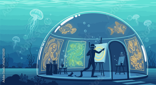 Underwater Atelier Diver Artistic Inspiration In Marine Environment Creation Of Artwork