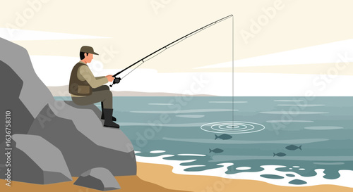 Serene Coastal Fishing Scene A Man Sitting On Rocks Fishing Rod Activity
