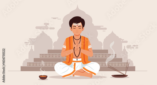 Serene depiction of hindu priest meditating in temple with incense and diya