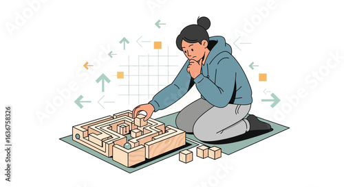 Young Woman Solving Wooden Maze Puzzle With Blocks Shows Strategic Thinking