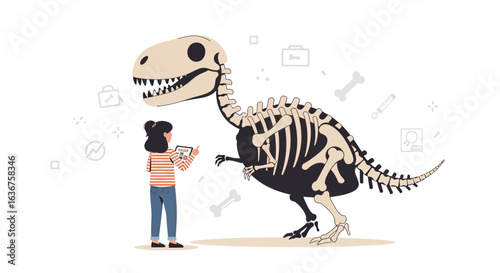 Young woman using tablet to study dinosaur skeleton model in museum exhibit
