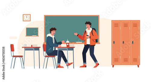 University Life Two Students Meeting Chatting in Classroom Environment Vector
