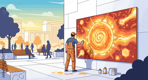 Urban Canvas Artist Creates Celestial Mural In Public City Square