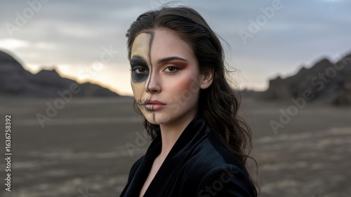 Portrait of a beautiful woman with skull makeup in a desert landscape