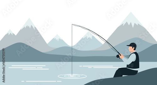Serene fishing scene: Man fishing in a lake with mountains background graphic