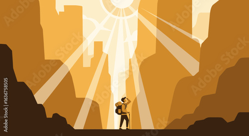 Vector Illustration of a Backpacker Looking up at a Mountain and Sunlight