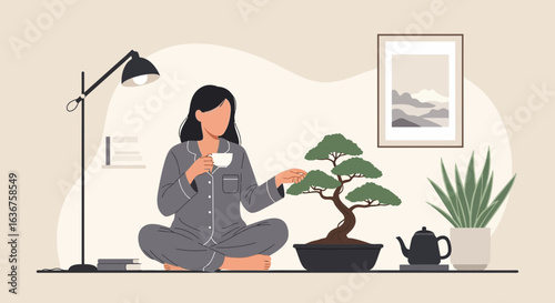 Zen Morning Routine Woman Enjoying Tea Near Bonsai Tree In Her Apartment