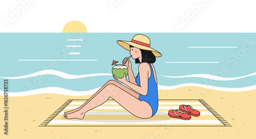 Woman relaxing on the beach with a coconut drink enjoying the peaceful scenery