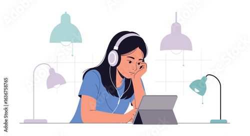 Vector illustration of a young woman using a tablet with headphones studying remotely online in a bright room