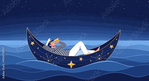 Serene sailor adrift at night, navigating ocean in crescent moon boat under starry sky