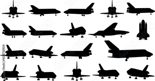 Collection of space shuttle silhouettes, various angles and positions, perfect for aerospace, aviation, space exploration, engineering, technology, flight, launch
