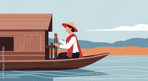 Woman Steering Traditional Houseboat Across Tranquil Waters In Southeast Asia
