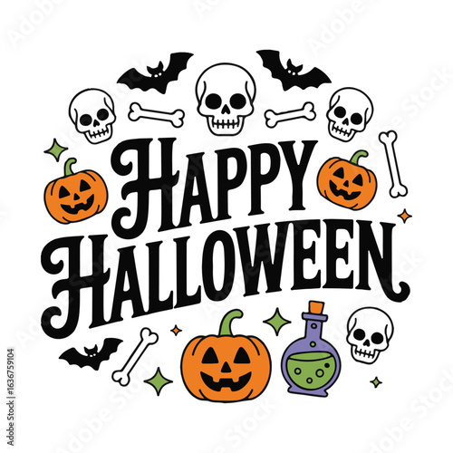 Happy Halloween with skulls, bats, bones, pumpkins, and potion vector illustration