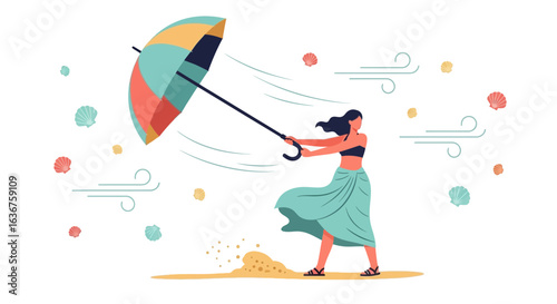 Woman Struggling With Umbrella Against Strong Coastal Winds On A Beach