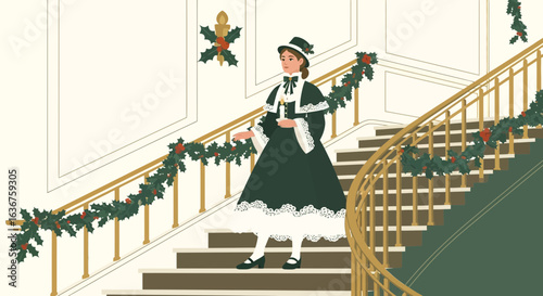 Victorian Christmas Caroler Ascending a Staircase Adorned with Holiday Garlands