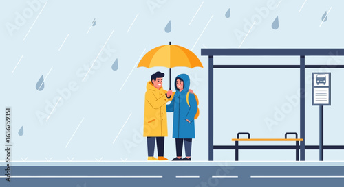 Sharing Umbrella on Rainy Day at Bus Stop Illustration for Poster Design
