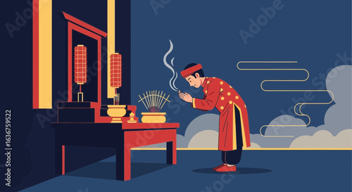 Vietnamese man in traditional attire offers incense at a family altar expressing respect and reverence engaging in cultural practices