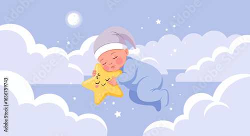 Sleeping Baby Illustration With Star Pillow On Fluffy Cloud Background In Dreamland
