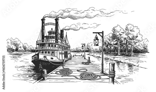 Vintage steamship docked at a riverbank with trees and a lamppost in a classic line drawing silhouette