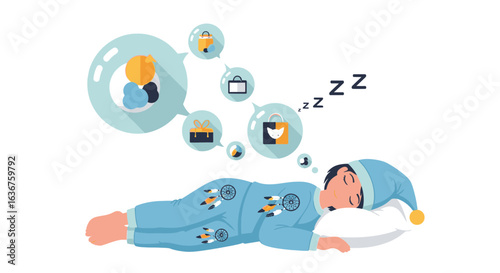 Sleeping Man Dreams Of Shopping Online With Presents And Many Sweet Things