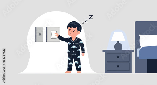 Sleepy boy in pajamas turning off the light before going to bed in bedroom illustration