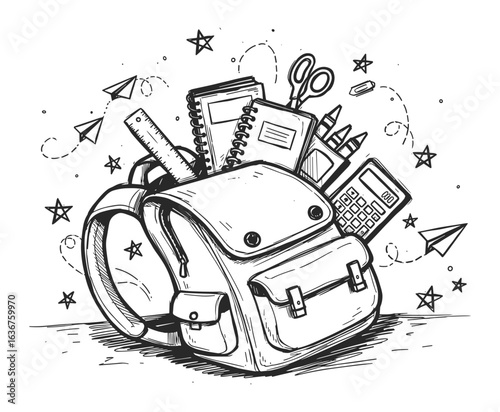 Artistic sketch of a backpack overflowing with school supplies including notebooks pens scissors and a calculator in a stylized silhouette