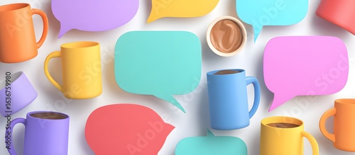 Colorful coffee mugs and speech bubbles for social media marketing concept