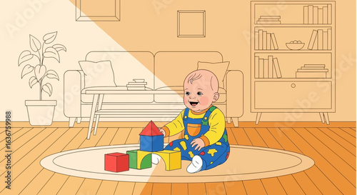 Smiling Toddler Plays With Building Blocks At Home Creating Fun Illustrations