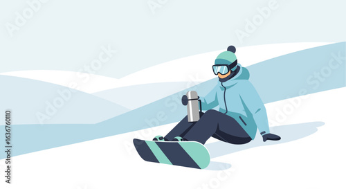 Snowboarder taking a break on a snowy mountain, enjoying the beauty of winter sports, and sipping on a hot drink during a winter adventure