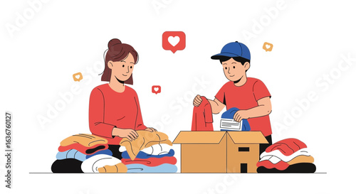 Volunteers Packing Clothes Donation Box With Heart Shape Icon Social Media Like