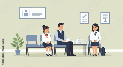 Waiting Room Scene With People Sitting On Chairs And Office Decor