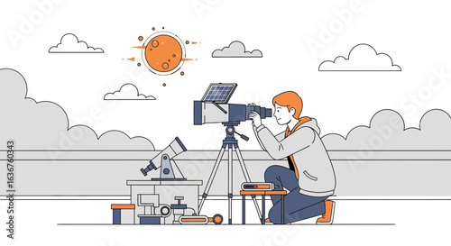 Young astronomer observes solar eclipse with telescope set up on a clear day astronomy concept