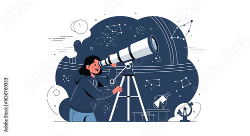 Young astronomer observing stars through telescope at night in observatory